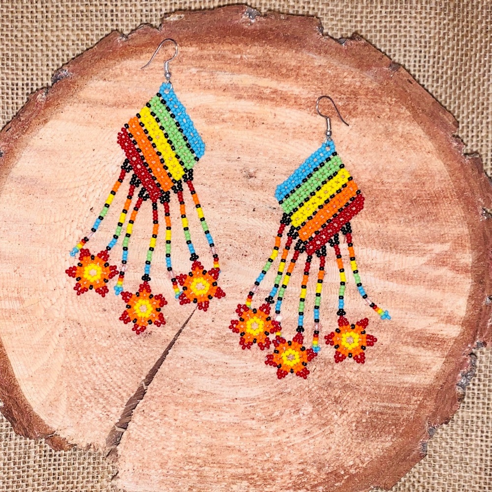Rainbow Huichol beaded earrings